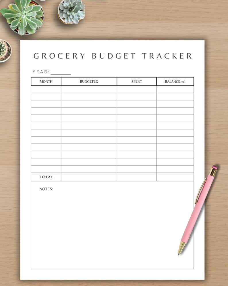 K&ouml;nnte beinhalten: Ein wei&szlig;es Blatt mit der Aufschrift "Grocery Budget Tracker" und einer Tabelle zur monatlichen Ausgabenverfolgung. Ein rosa Stift mit goldenen Akzenten liegt auf der rechten Seite. Der Hintergrund ist eine hellbraune Holzoberfl&auml;che mit kleinen Topf-Sukkulenten.