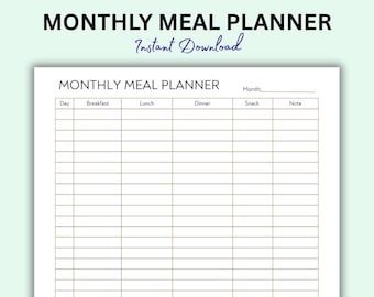 Może przedstawiać: Biały miesięczny planer posiłków z czarnym napisem "MONTHLY MEAL PLANNER" i niebieskim "Instant Download". Planer zawiera sekcje na dzień, śniadanie, obiad, kolację, przekąski i notatki.