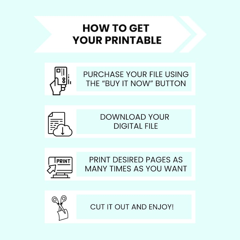 May include: An infographic with instructions on how to get a printable. The steps include purchasing the file, downloading it, printing the pages, and cutting them out. The text is in black on a light blue background.