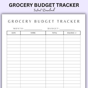 K&ouml;nnte beinhalten: Ein wei&szlig;er, druckbarer Lebensmittel-Budget-Tracker mit dem Titel "GROCERY BUDGET TRACKER" oben. Die Worte "Instant Download" sind kursiv geschrieben. Der Tracker enth&auml;lt Abschnitte f&uuml;r Monat, Budget, Datum, Gesch&auml;ft, Gesamtbetrag und Saldo.