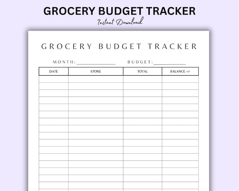 K&ouml;nnte beinhalten: Ein wei&szlig;er, druckbarer Lebensmittel-Budget-Tracker mit dem Titel "GROCERY BUDGET TRACKER" oben. Die Worte "Instant Download" sind kursiv geschrieben. Der Tracker enth&auml;lt Abschnitte f&uuml;r Monat, Budget, Datum, Gesch&auml;ft, Gesamtbetrag und Saldo.