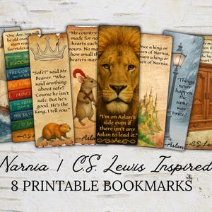 Könnte beinhalten: Set aus acht druckbaren Lesezeichen, inspiriert von C.S. Lewis' Narnia-Reihe. Jedes Lesezeichen zeigt Zitate und Illustrationen aus den Büchern, darunter Aslan, ein Kleiderschrank und ein Schiff. Die Lesezeichen sind im Vintage-Stil gestaltet.