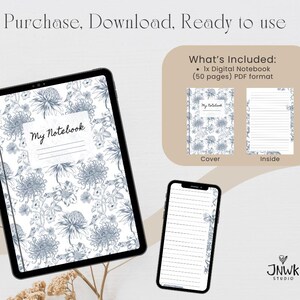 May include: Digital notebook with a floral design displayed on a tablet and smartphone. The notebook cover and inside pages are shown, along with the text "My Notebook." The image also includes the text "Purchase, Download, Ready to use" and "What's Included: 1x Digital Notebook (50 pages) PDF format."