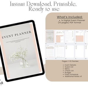 May include: A digital event planner displayed on a tablet, featuring a soft color palette and floral accents. The planner includes sections for event details, guest lists, menus, checklists, budgets, and schedules. Text reads "Instant Download, Printable, Ready to use."