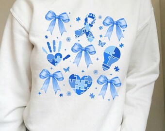 Autism Awareness PNG, Coquette Blue Bows, Watercolor Puzzle Piece Art, Neurodiversity Support, Digital File for Sublimation