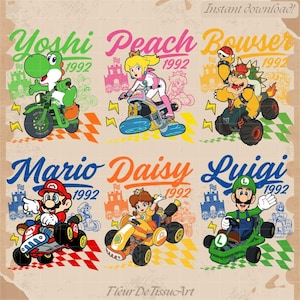 Conjunto de 6 personajes de Super Mario Bros en formato PNG: Mario, Luigi, Peach, Yoshi, Bowser y Toad. Arte retro de videojuegos. Archivo digital para sublimación.
