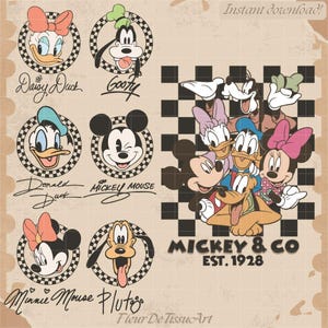 May include: Digital download featuring classic Disney characters: Daisy Duck, Goofy, Donald Duck, Mickey Mouse, Minnie Mouse, and Pluto. Includes character portraits in checkered circles and a group image. Text reads "Mickey & Co EST. 1928" and "Instant download!"