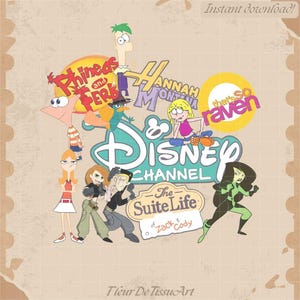 Pode incluir: Gr&aacute;fico digital com personagens e logotipos de desenhos animados do Disney Channel, incluindo "Phineas e Ferb", "Hannah Montana", "As Vis&otilde;es da Raven" e "Hotel Doce Hotel". A imagem tem um fundo vintage texturizado.