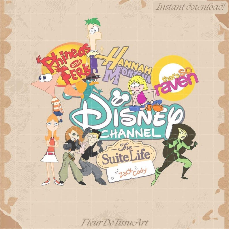 Pode incluir: Gr&aacute;fico digital com personagens e logotipos de desenhos animados do Disney Channel, incluindo "Phineas e Ferb", "Hannah Montana", "As Vis&otilde;es da Raven" e "Hotel Doce Hotel". A imagem tem um fundo vintage texturizado.
