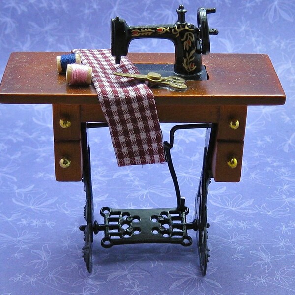 Dollhouse Miniature Scale Old fashioned Sewing Machine With Cloth Scissors And Thread