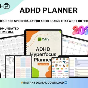 Può includere: Un pianificatore digitale ADHD Hyperfocus, visualizzato su più tablet, con pagine del calendario, modelli di pianificazione e adesivi. Il design include il testo "ADHD PLANNER" e l'anno "2026".
