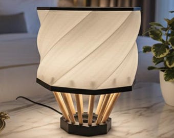 Abajur de mesa com design floral | Abajur de cabeceira que combina madeira de pinho e cúpula impressa em 3D