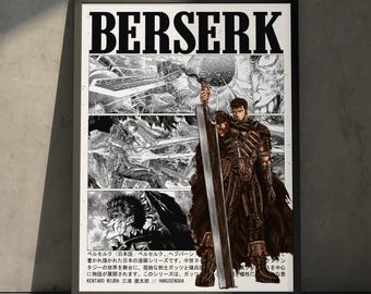 Póster de manga de anime Berserk Guts, impresión artística, decoración de pared japonesa minimalista vintage, regalo de cumpleaños para fanáticos del anime.