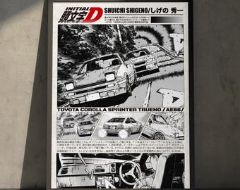Initial D Anime Manga Poster Art Print, Vintage Minimalist Japanese Wall Decor Artwork, Birthday Gift for Anime Fan