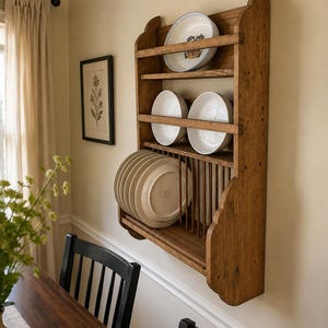 Peut inclure: Un présentoir à assiettes en bois, de couleur marron clair, contenant plusieurs assiettes blanches et décorées. Le présentoir est fixé à un mur beige. Le style évoque une cuisine traditionnelle, avec une esthétique rustique.