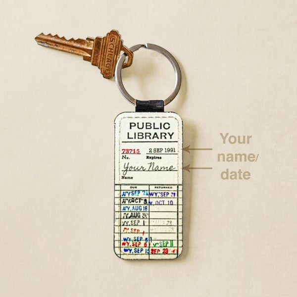 Personalized Library Checkout Card Keychain, Vintage Due Date Key Fob, Book Lover Gift