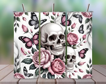 Gothic Skull & Rose Tumbler Wrap PNG | 20oz Skinny Sublimation Design | Dark Floral Seamless Tumbler Wrap | Digital Download