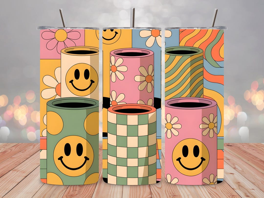 Retro Daisy Smiley Tumbler Wrap PNG Bundle | 20oz Skinny Sublimation ...