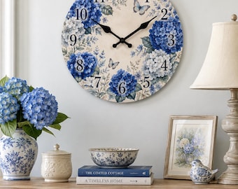 Blue Hydrangea Butterfly Wall Clock, Vintage Floral Cottage Decor
