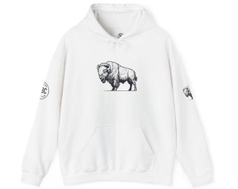 May include: White hoodie with a kangaroo pocket and a drawstring hood. The front features a black and white illustration of a bison. A small circular graphic with text is on the left sleeve, and a bison graphic is on the right sleeve.