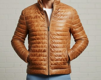 Lambskin Leather Puffer Down Jacket: Men's Quilted Down Coat