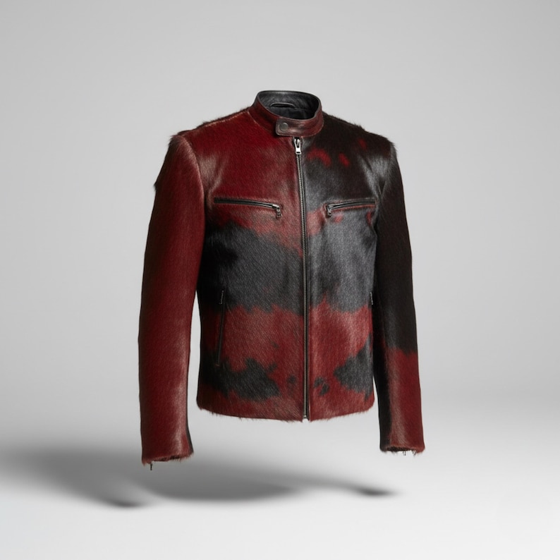 hair on cowhide jacket, cow print jacket men, real cowhide jacket, hair on hide jacket, cow skin leather jacket, western cowhide jacket, statement leather jacket, mens cowhide coat, dyed cowhide jacket, red black cow jacket, genuine cow skin, handmade leather jacket, biker cowhide jacket