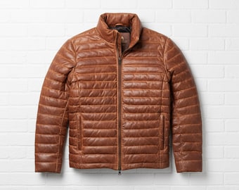 Handmade Sheep Leather Puffer Jacket: Men's Quilted Winter Coat