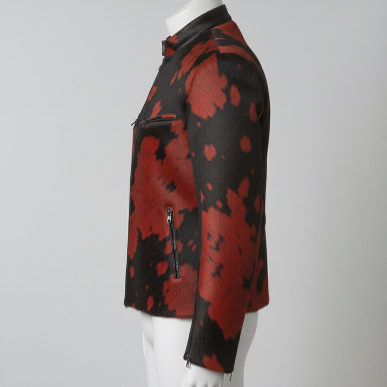 hair on cowhide jacket, cow print jacket men, real cowhide jacket, hair on hide jacket, cow skin leather jacket, western cowhide jacket, statement leather jacket, mens cowhide coat, dyed cowhide jacket, red black cow jacket, genuine cow skin, handmade leather jacket, biker cowhide jacket