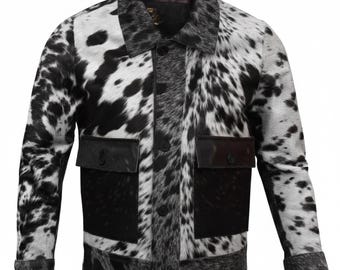 Herren Rindsleder Haar auf Jacke Schwarz Weiß Kuh Print Mantel Echte Rindslederjacke