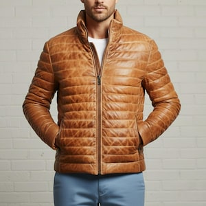 Chaqueta de cuero para hombre, acolchada, de piel de cordero, ideal como regalo de invierno.