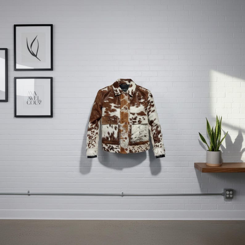 K&ouml;nnte beinhalten: Eine braune, wei&szlig;e und schwarze Kuhfelljacke mit Knopfleiste und zwei Vordertaschen. Die Jacke h&auml;ngt an einer wei&szlig;en Backsteinmauer. Die Ma&szlig;e der Jacke sind nicht sichtbar.