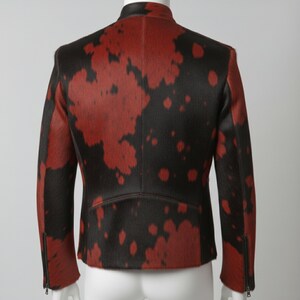 hair on cowhide jacket, cow print jacket men, real cowhide jacket, hair on hide jacket, cow skin leather jacket, western cowhide jacket, statement leather jacket, mens cowhide coat, dyed cowhide jacket, red black cow jacket, genuine cow skin, handmade leather jacket, biker cowhide jacket