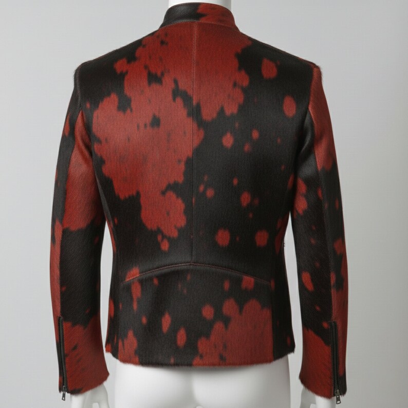 hair on cowhide jacket, cow print jacket men, real cowhide jacket, hair on hide jacket, cow skin leather jacket, western cowhide jacket, statement leather jacket, mens cowhide coat, dyed cowhide jacket, red black cow jacket, genuine cow skin, handmade leather jacket, biker cowhide jacket