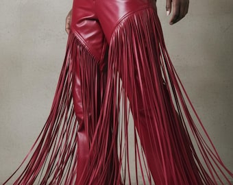 Frauen Leder Schlag Fringe Hose | Echtes Rindsleder | Handgemachte Schlaghose | Western