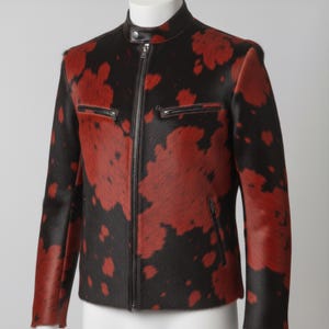 hair on cowhide jacket, cow print jacket men, real cowhide jacket, hair on hide jacket, cow skin leather jacket, western cowhide jacket, statement leather jacket, mens cowhide coat, dyed cowhide jacket, red black cow jacket, genuine cow skin, handmade leather jacket, biker cowhide jacket