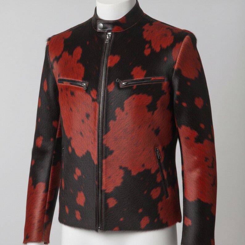 hair on cowhide jacket, cow print jacket men, real cowhide jacket, hair on hide jacket, cow skin leather jacket, western cowhide jacket, statement leather jacket, mens cowhide coat, dyed cowhide jacket, red black cow jacket, genuine cow skin, handmade leather jacket, biker cowhide jacket