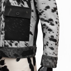 K&ouml;nnte beinhalten: Eine Jacke mit Kuhfellmuster in Schwarz und Wei&szlig;. Die Jacke hat eine schwarze Ledertasche und einen Knopfverschluss. Die &Auml;rmel und der K&ouml;rper der Jacke sind mit einem gefleckten Muster bedeckt.