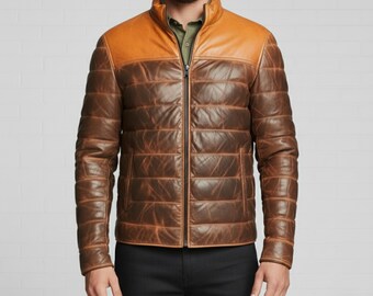 Mens Two-Tone Lambskin Puffer Jacket: Insulated Leather Winter Coat