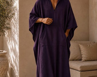 Men's Handmade Linen tunic Kaftan: short Sleeve Moroccan Robe, Light Summer Wear