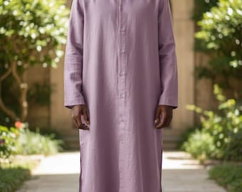 Men's Handmade Linen Kaftan: Long Sleeve Moroccan Loungewear Robe