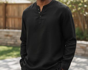 Mens Black Linen Kaftan Set: Handmade Tunic & Pants - Loungewear Thobe