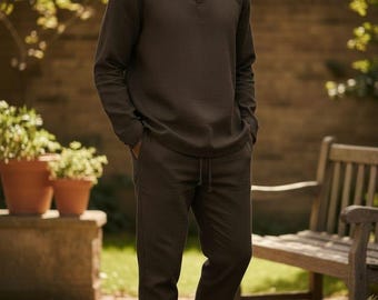 Men's Brown Linen Kaftan Set: Handmade Tunic & Pants - Loungewear Thobe