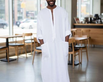 White Linen Men's Caftan: Soft Linen Loungewear Robe