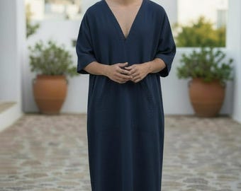 Blue Handmade Linen Kaftan: Long Sleeve Moroccan Loungewear Robe