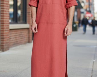 Men's Handmade Linen Kaftan: Long Sleeve Moroccan Loungewear Robe