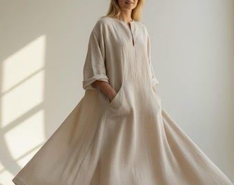 Women's Handmade Beige Linen Kaftan Tunic: Loose Fit, SPA Cover-Up