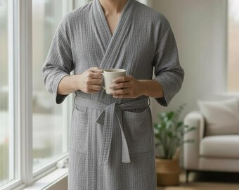 Handmade Linen Men's Robe - Lightweight Kaftan, Spa Kimono, Luxury Gift