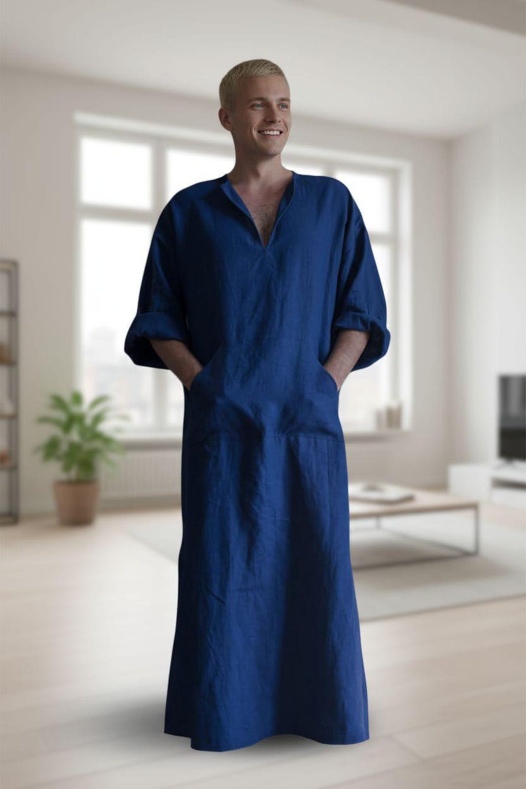 LVCBL Kaftan voor heren, moslim, hals met lange mouwen, kaftan met knopen, hoge thobe M-3XL, Kaki, M