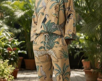 Men's printed Kaftan Set - Handmade Tunic & Pants - cotton soft Co-ord - Loungewear Shirt Trousers