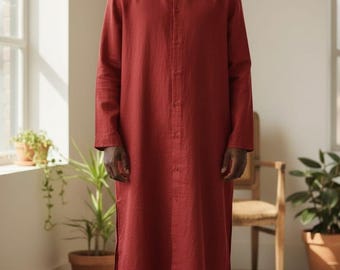 Men's Christmas gift Handmade Linen Kaftan: Long Sleeve Moroccan Loungewear Robe